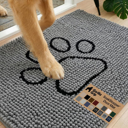 GORILLA GRIP SoakSTOPPER Dog Door Mat, 30x20 Machine Washable Rug Absorbent Doormat Captures Moisture Mud Dirt, Quick Dry Soft Chenille Entryway Rugs Indoor Entrance Mats for Dog Paws, Paw Grey