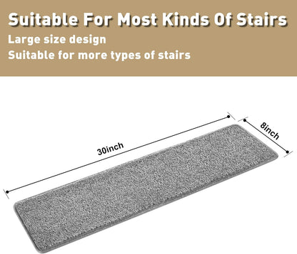 PURE ERA Bullnose Carpet Stair Treads Set Tape Free Non-Slip Indoor Stair Protectors Pet Friendly Rugs Covers Soft Skid Resistant Washable Reusable 9.5" x 30"(14 Pieces,Cream Gray)