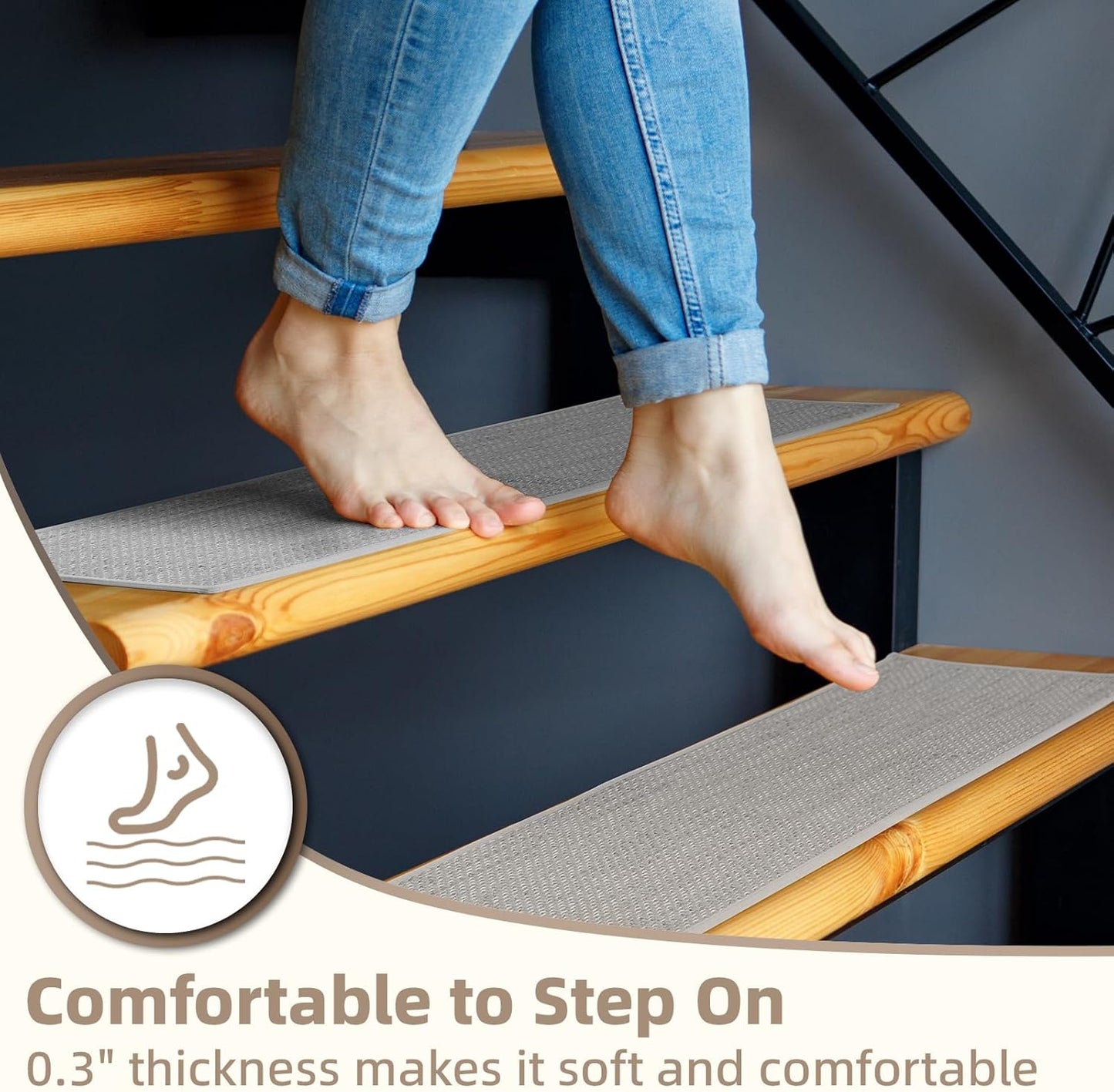 Art3d Stair Treads for Wooden Steps 15Pcs, 8" X 30" X 0.3" Non Slip Stair Runner Rugs with Reusable Adhesive for Elders Kids and Dogs, Washable Peel and Stick Stair Treads Carpet, Gray