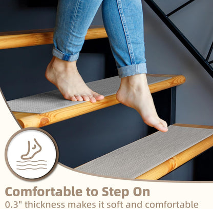 Art3d Stair Treads for Wooden Steps 15Pcs, 8" X 30" X 0.3" Non Slip Stair Runner Rugs with Reusable Adhesive for Elders Kids and Dogs, Washable Peel and Stick Stair Treads Carpet, Gray