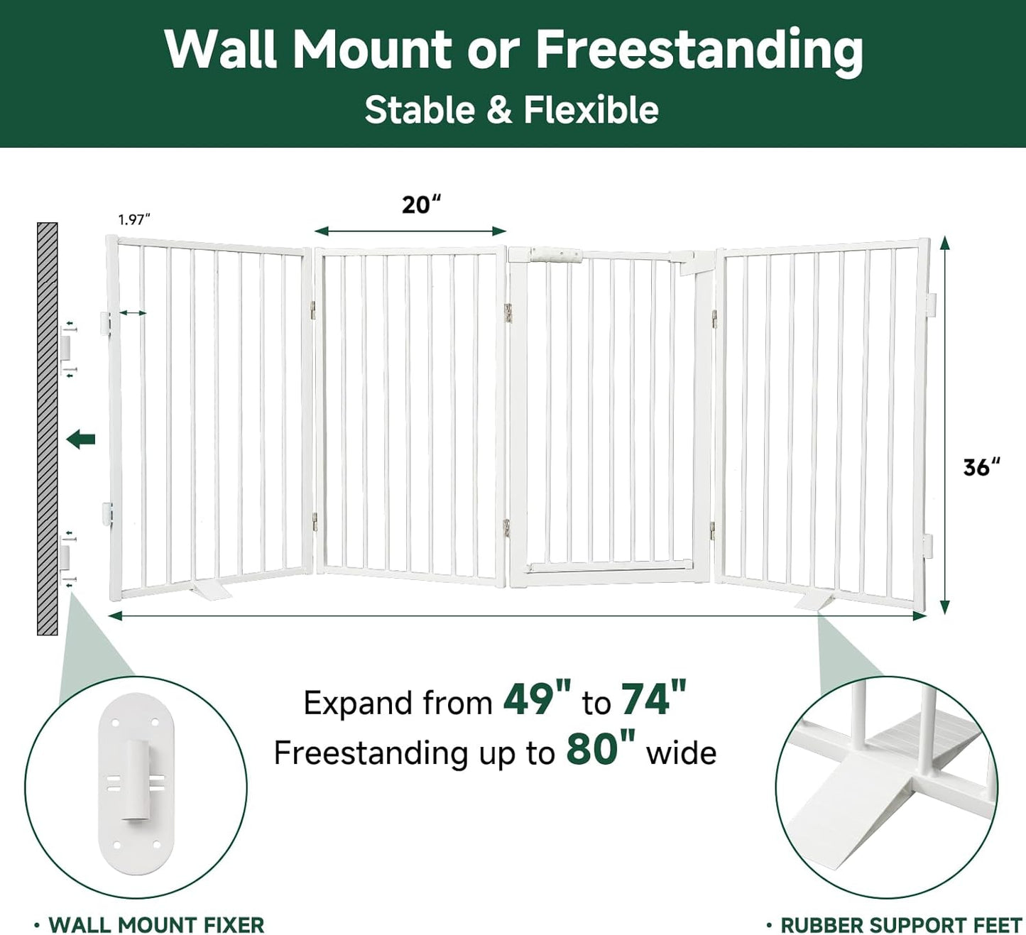 Snagle Paw Full Metal Freestanding Dog Gate,Indoor Dog Gate with Floor Protect Support Feet, 40x24 Inches Foldable Dogs Barrier for Stairs, Hallways and Doorways (24'' H 2 Panel, White