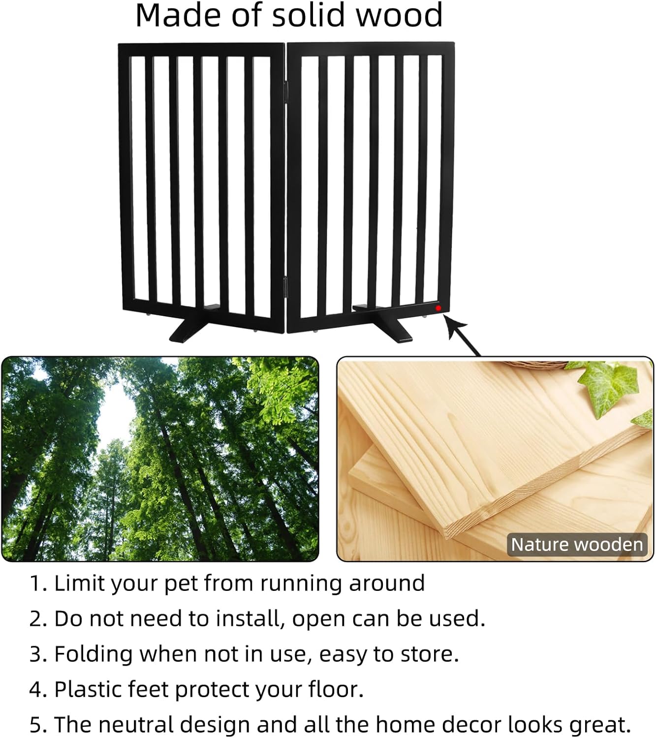 ZJSF Freestanding Indoor Dog Gate for House Foldable Wood Puppy Gate for Doorways Pet Gate for Stairs Extra Wide Pet Fence, Brown, 24" Height 3 Panels