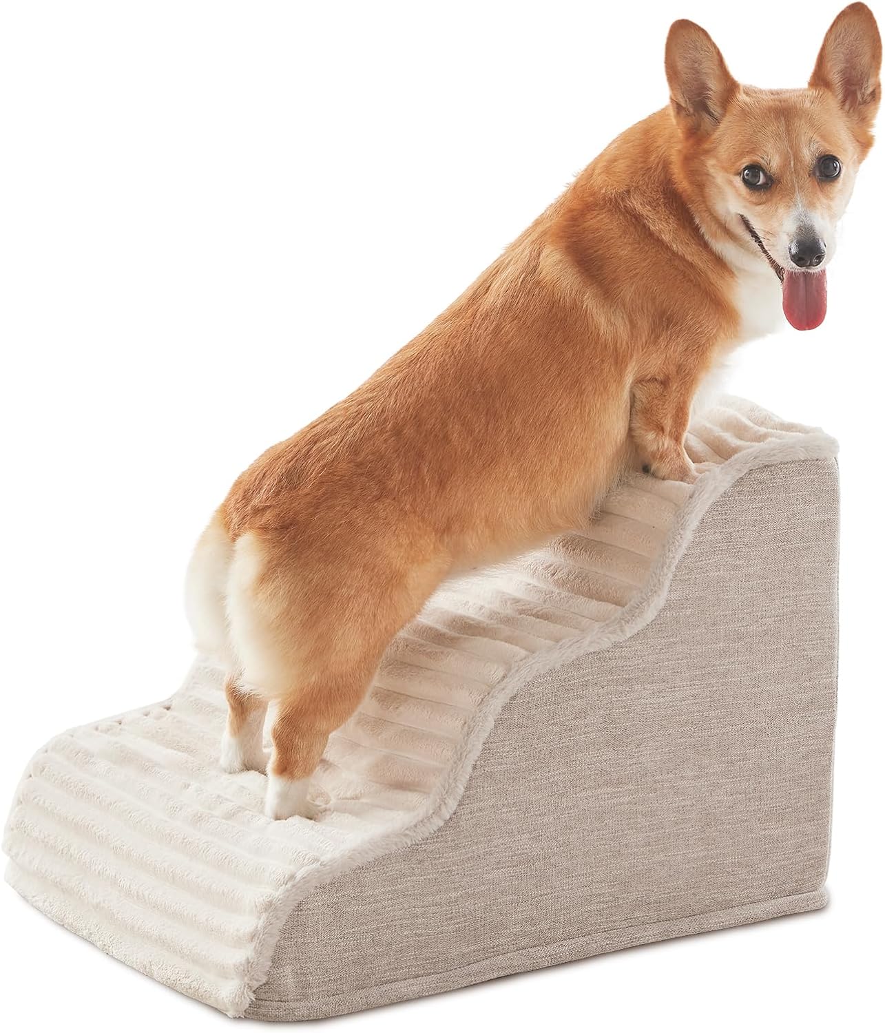 Laojin Balhen Dog Stairs for Small Dogs & Cats 15.7" H, High Density Foam Dog Steps Ramp for Couch Sofa and Chair, Pet Stairs with Non-Slip Bottom and Remove Washable Cover, 3-Step Pet Steps, Beige
