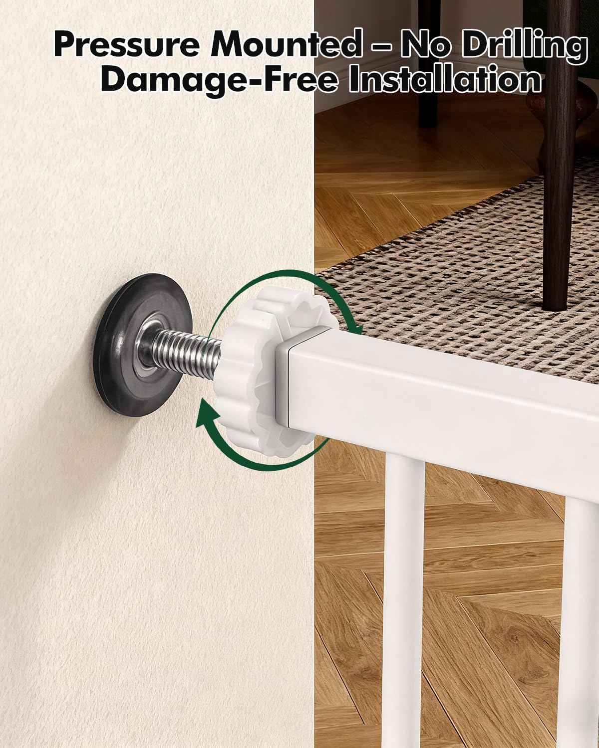 Pet Gate with Adjustable Cat Door, 31–46 Inch Pressure Mounted Dog Gate for Doorways, Stairs and Hallways, Auto Close Walk Through Metal Safety Gate, Easy Install, White