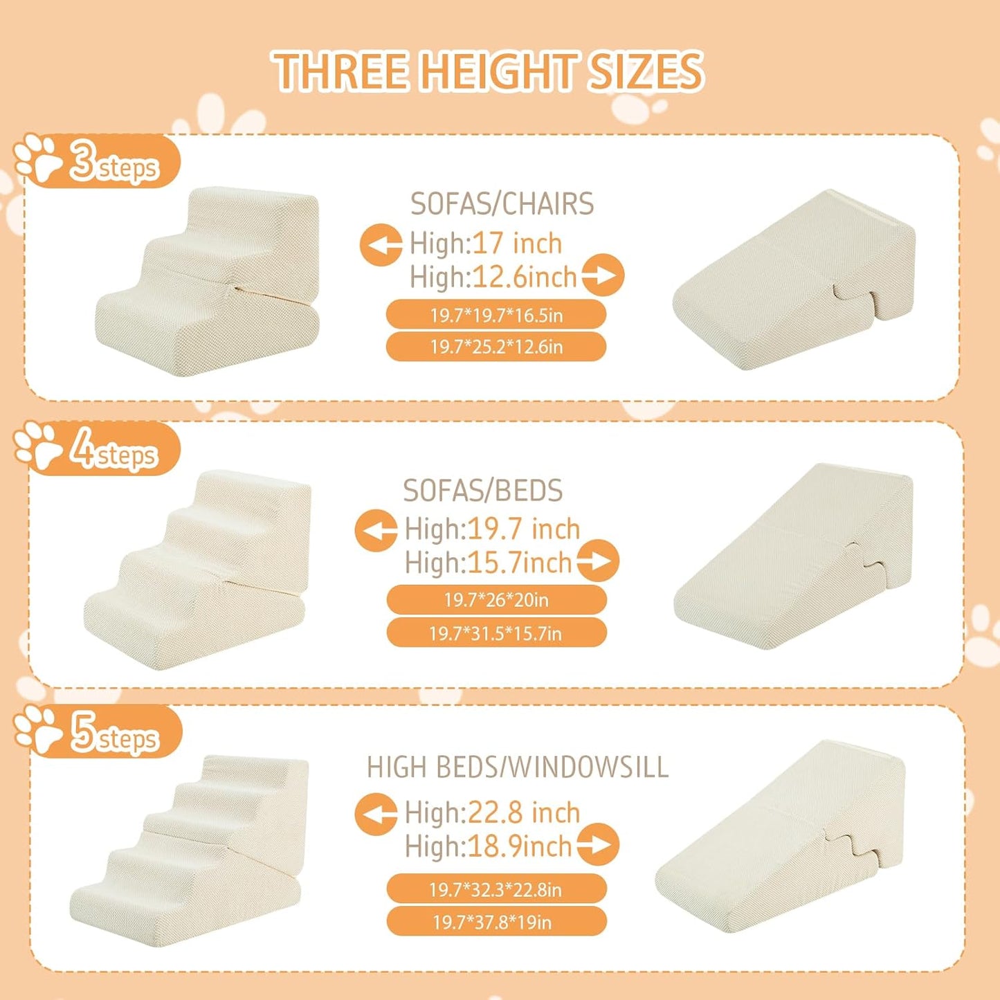 Dog Ramp for Bed, 23" H Dog Stairs for High Bed, 2 in 1 Pet Steps for Small Dogs, 5-Step Foldable Transformable Large Cats Ramp to Get on Couch, Non-Slip Balanced, Grey