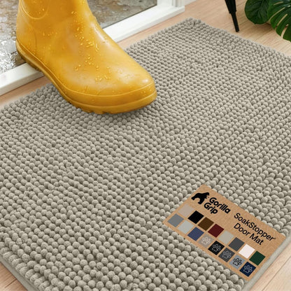 GORILLA GRIP SoakSTOPPER Dog Door Mat, 30x20 Machine Washable Rug Absorbent Doormat Captures Moisture Mud Dirt, Quick Dry Soft Chenille Entryway Rugs Indoor Entrance Mats for Dog Paws, Paw Grey