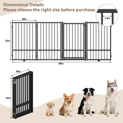 SNUOWU Full Metal Freestanding Dog Gate with Door, 32''Height Foldable Pet Dog Fence for Indoor & Outdoor, 4 Panels Extra Wide Free Standing TallDog Gates for Doorways,House,Stairs,Porch,Deck,Yard