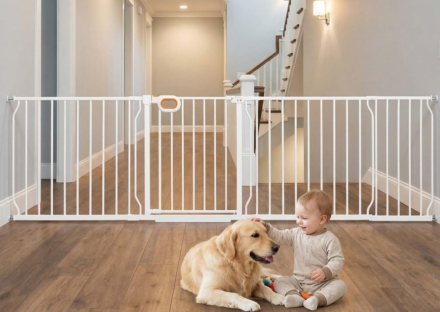 Baby Gates Extra Wide for Doorways 90.6-95.2 Inch Extra Wide Pressure Mounted Baby Dog Gate for the House Indoor Large Openning Metal Safety Gate No Drilling with Walk-Through Door,Black