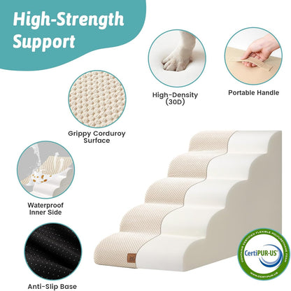 COZY KISS Dog Stairs for Small Dogs 15.7" H, 4-Step Sturdy Foam Dog Steps for Couch and Bed, Curved Pet Stairs for Puppy and Older Cat, Doggie Ladder with Washable Cover, 15.7x28.3x15.7 inch, Beige