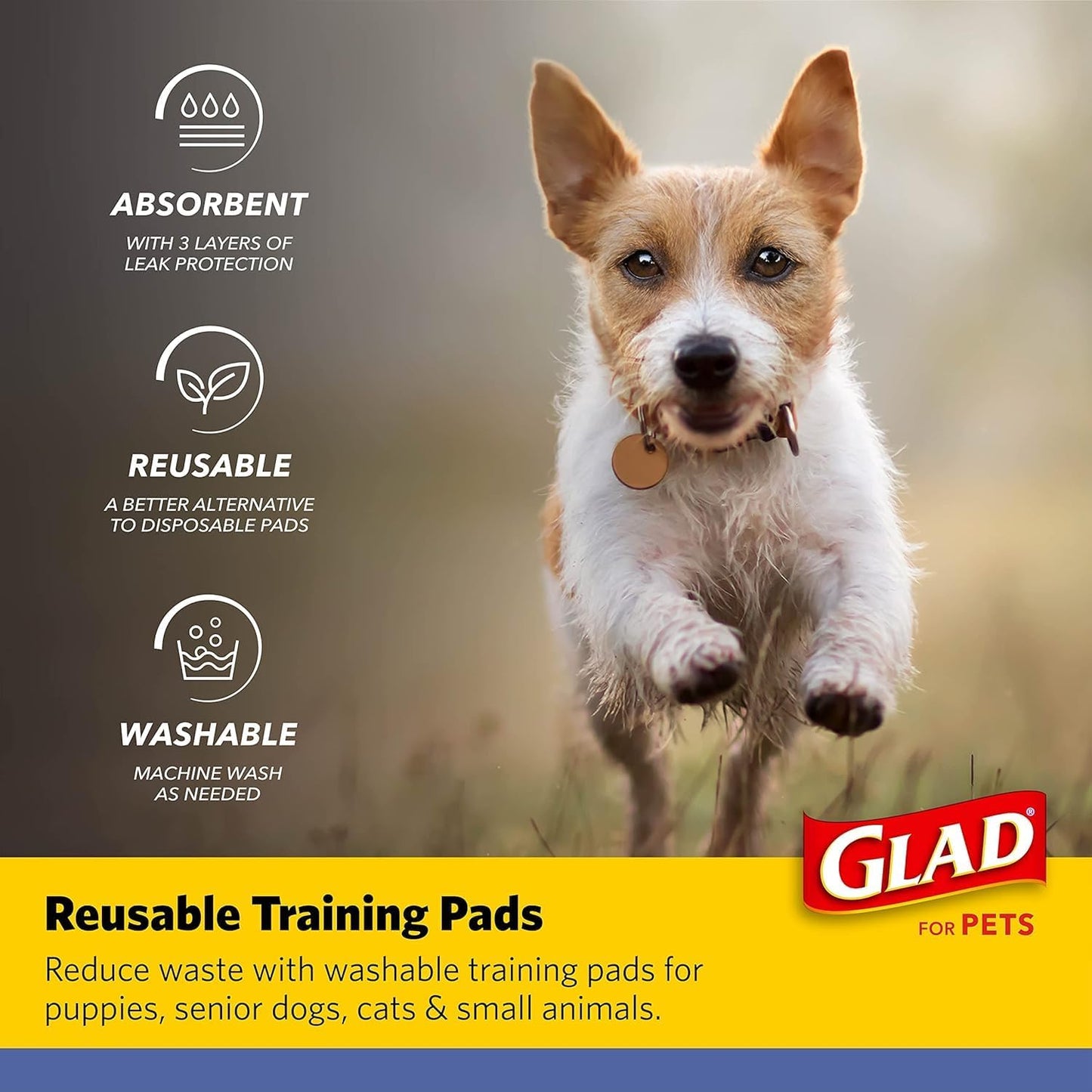Glad for Pets Washable Dog Pee Pads, Medium, 24 x 36 Inch, 2 Count, Gray with Paw Prints, 3-Layer Leak Protection, No-Slip Vinyl Bottom, Reusable Puppy Training Pads