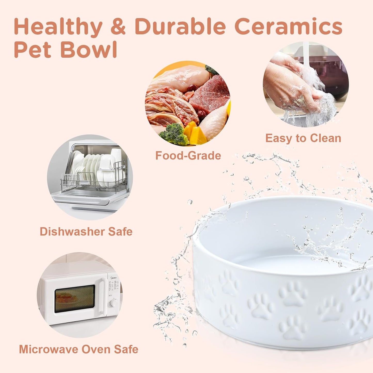 SPUNKYJUNKY Elevated Dog Bowls Ceramic, 6.1'' Dogs and Cat Food Water Bowls Raised with Non-Slip Bamboo Stand for Medium Sized Breed Microwave Dishwasher Safe - 28.7 OZ,Beige