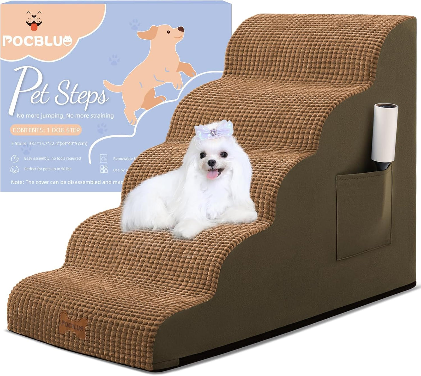 POCBLUE Dog Stairs for Small Dogs 15.7" H, Wide Pet Step for Couch/Sofas/Chairs, Curved Pet Ramps for Small Dogs & Cats with High-Density Foam and Washable Cover, 3-Step, Grey
