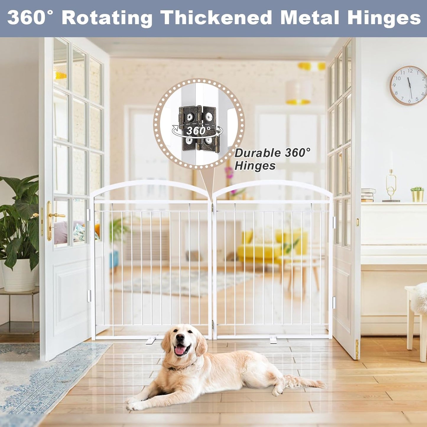 Full Metal Free Standing Dog Gate with Door for Indoor & Outdoor,96'' Extra Wide 32'' Tall Dog Gate for The Doorways,Large Openings,Decks,Porch,Pet Freestanding Safety Fence(4 Panels,Black)