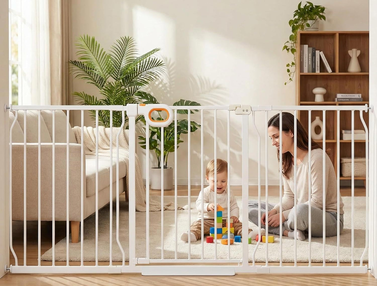 Baby Gates Extra Wide for Large Opennings with Door Pressure Mounted 90.6-95.2 Inch Extra Wide Baby Gate Dog gate for Doorways Indoor Metal Gate No Drilling with Walk-Through Door,White