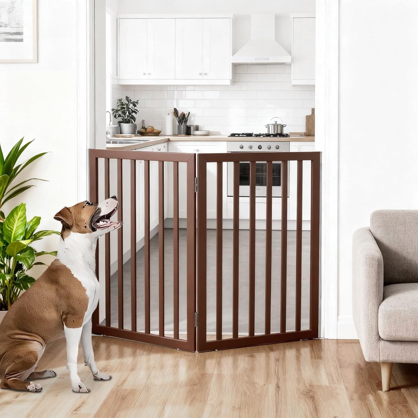 ZJSF Freestanding Indoor Dog Gate for House Foldable Wood Brown Puppy Gate for Doorways Pet Gate for Stairs Extra Wide Pet Fence 24" Height 2 Panels