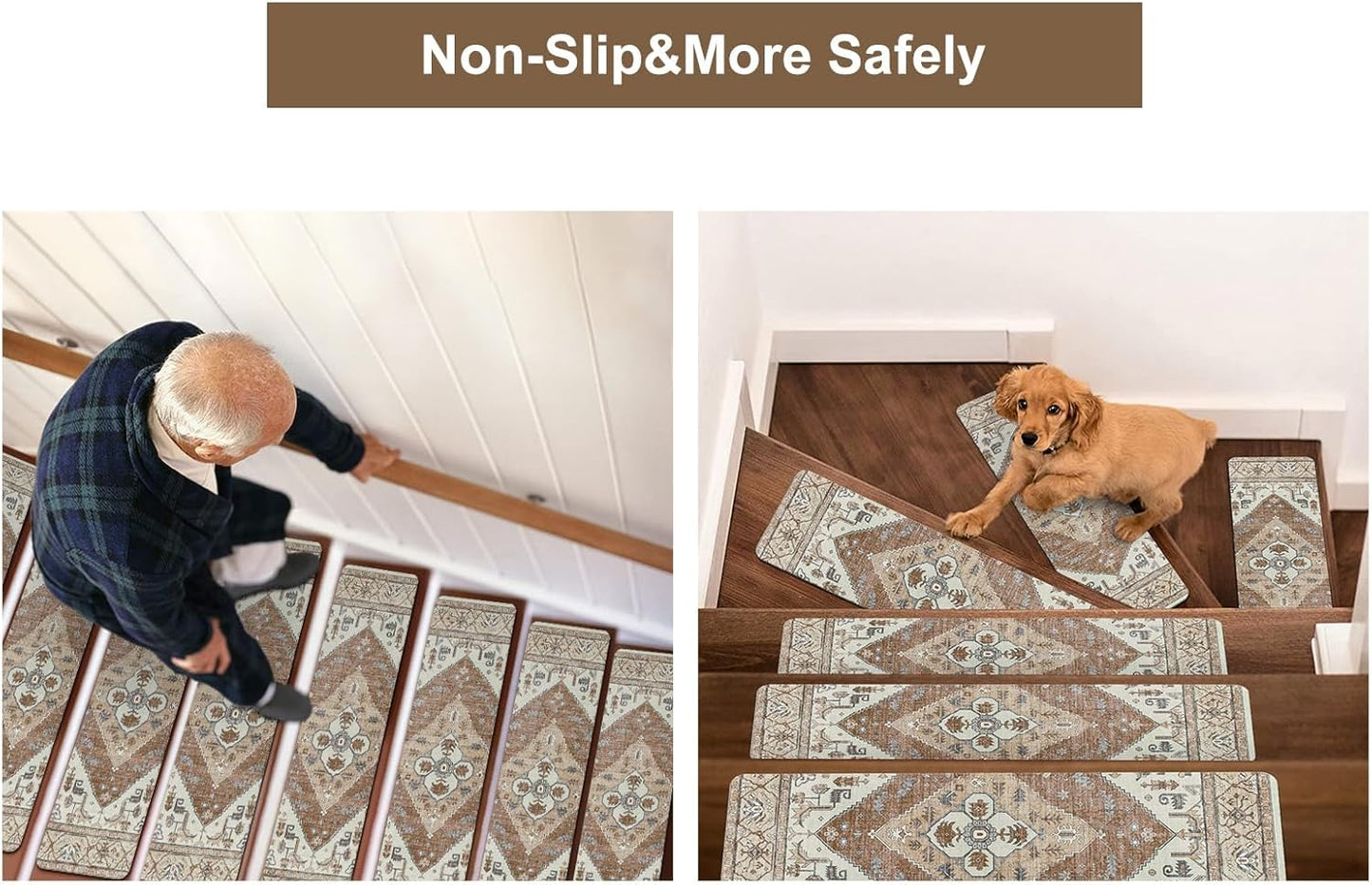 OJIA Non-Slip Carpet Stair Treads for Wooden Steps Set of 15, 30''X8'' Indoor Runner Resistant Rugs Rubber Safety Mats for Dogs, Kids & Elders, Stairway Grip