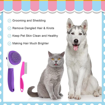 Cat Brushes for Indoor Cats, Dog Brush for Shedding with Metal Cat Comb, Self Cleaning Pet Hair Brush with Release Button for Grooming Kitten(Pink)