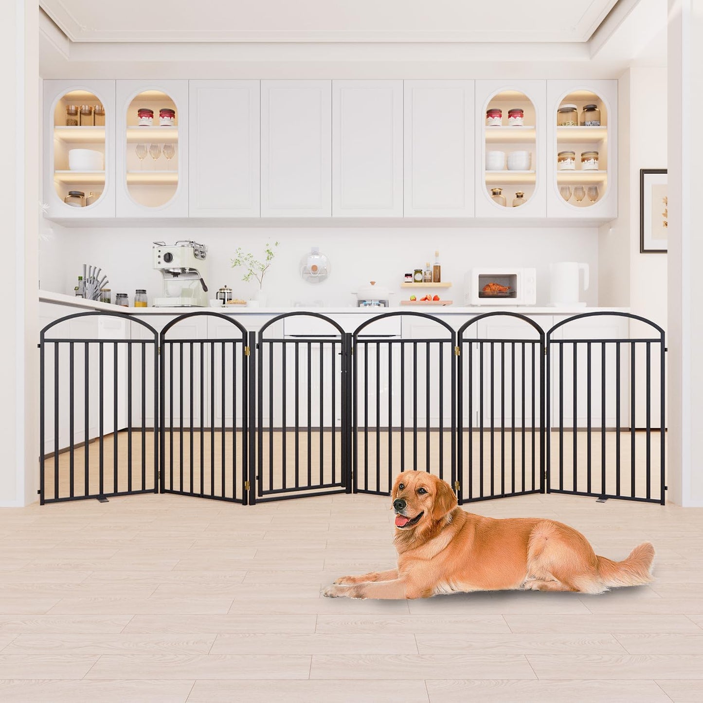 SNUOWU 4 Panels Full Matel Freestanding Dog Gates with Door, 96"Extra Wide 32"Tall Free Standing Dog Pet Gate for Indoor & Outdoor. Foldable Pet Fences for Doorways, House, Stairs, Porch, Deck, Yard