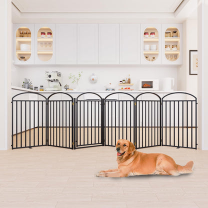 SNUOWU 4 Panels Full Matel Freestanding Dog Gates with Door, 96"Extra Wide 32"Tall Free Standing Dog Pet Gate for Indoor & Outdoor. Foldable Pet Fences for Doorways, House, Stairs, Porch, Deck, Yard