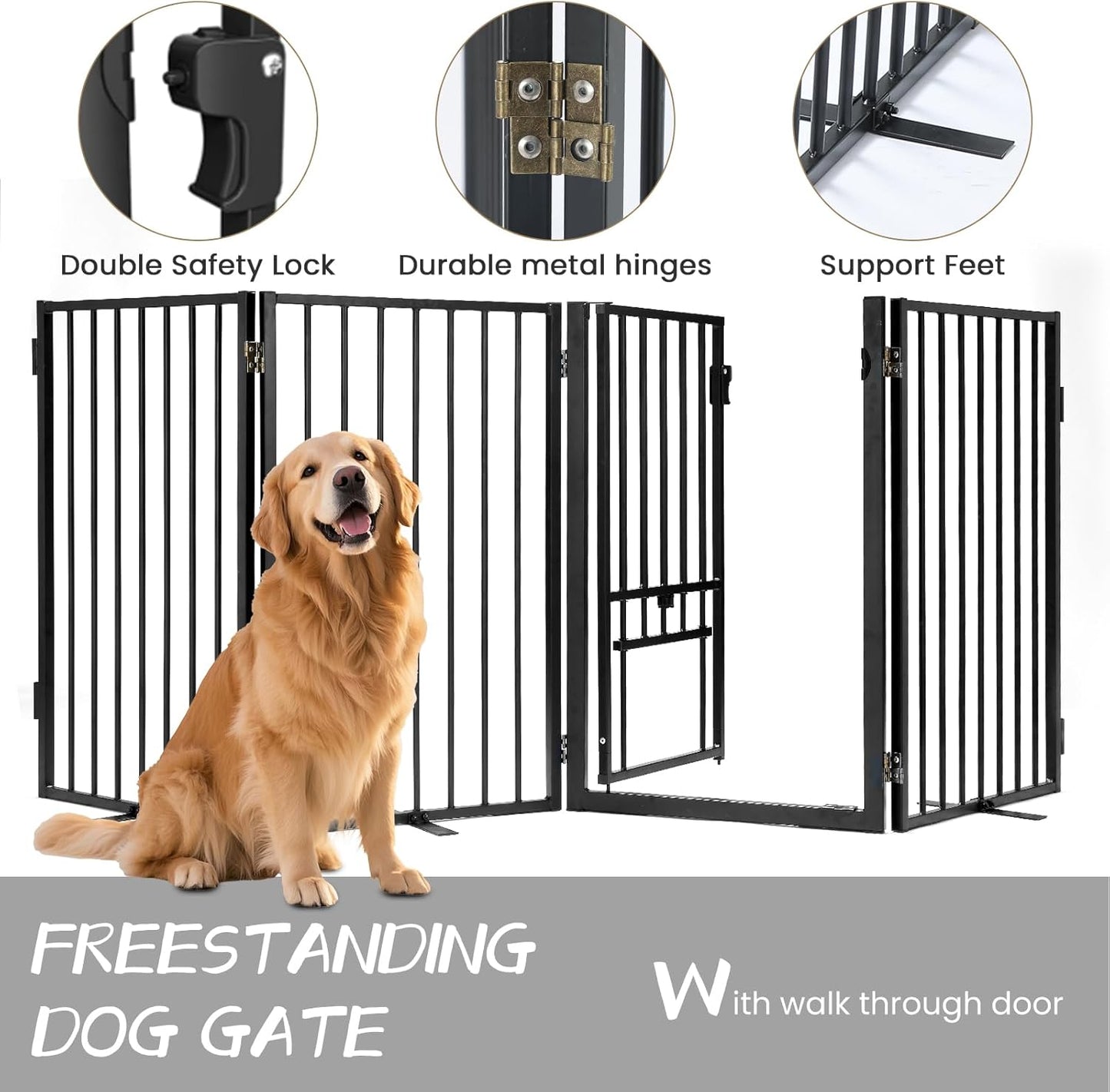 Metal Freestanding Dog Gate with Cat Door for Outdoor Indoor,80" Extra Wide Foldable Pet Fence,30" Tall Dog Gate for Large Opening,Stairs,Hallways,Doorways,Deck,Yard,with 3PCS Support(4 Panels,Black)