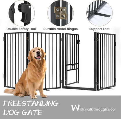 Metal Freestanding Dog Gate with Cat Door for Outdoor Indoor,80" Extra Wide Foldable Pet Fence,30" Tall Dog Gate for Large Opening,Stairs,Hallways,Doorways,Deck,Yard,with 3PCS Support(4 Panels,Black)