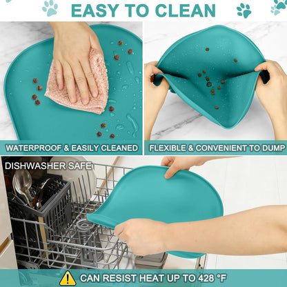 Small Silicone Pet Food Mat with Raised Edge for Food and Water Bowl, Square Dog Feeding Mats, Cat Food Trays for Floor Waterproof, Rubber Tray for Dogs and Cats, 12 x 12 x 0.7 Light Olive Green