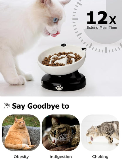 Y YHY Ceramic Cat Slow Feeder, Elevated Dog Food Bowl Tilted Design, Slow Feeder Bowl no Black Chin, Cat Shape for Dry and Wet Food