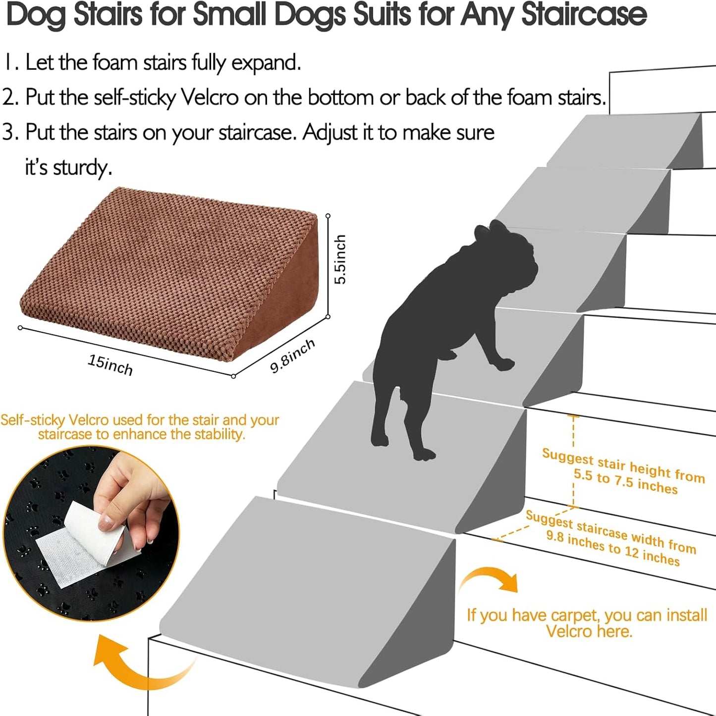 40D Dog Ramp for Stairs for Small & Senior Dogs and Cats – Non-Slip Stair Ramp for Dogs with Gentle Slope, Pet Ramp with Washable Cover & Self-Sticky Pads for Safe Climbing Easy Install(Grey, 3 Pack)