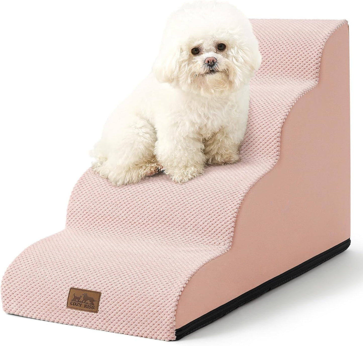 COZY KISS Dog Stairs for Small Dogs 15.7" H, Curved Dog Step for Puppy, Older Cat, Medium Pet Ramp for Sofa, Couch or Chair, Ladder with High Density Foam, 3 Step, 15.7x22.4x15.7 inch, Beige