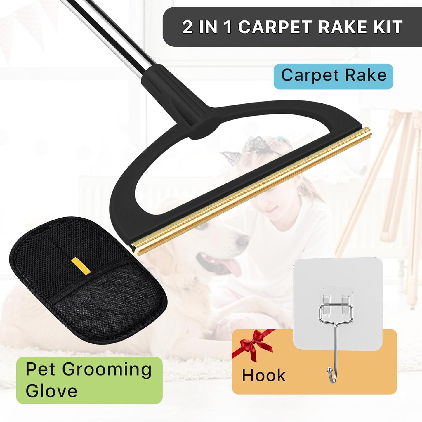 2 in 1 Carpet Rake for Pet Hair Removal,Reusable Pet Hair Removal Broom - 56” Adjustable Long Handle Cat Dog Hair Remover Carpet Scraper for Rugs, Mats, Couch, Bed