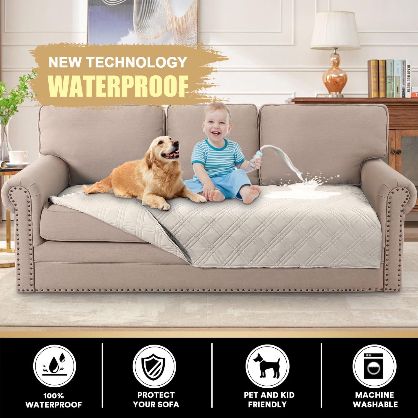 PrinceDeco 100% Waterproof Couch Cover for 3 Cushion Couch Sofa Pet Friendly Non-Slip Couch Cover for Dogs Washable Water Resistant Furniture Protector with Elastic Straps(Sofa 68", French Oak)