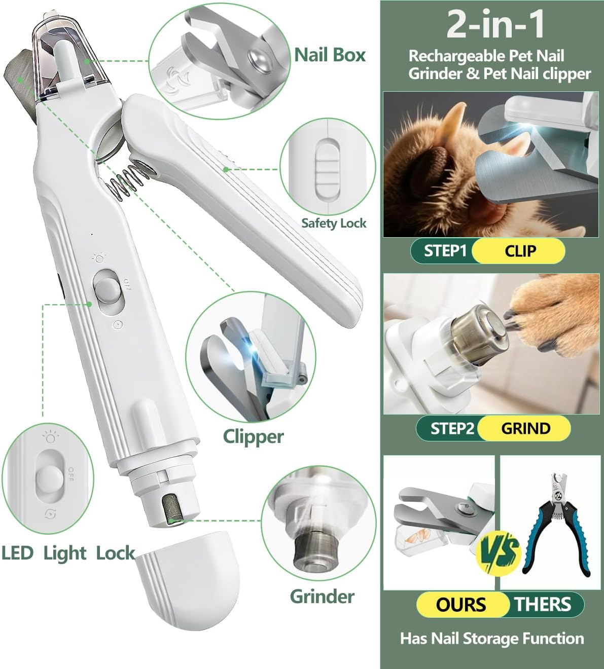 2-in-1 Dog Nail Clipper & Nail Grinder with 2 LED Lights Splash Guard for Large Medium Small Cats Dogs Pets Paw Trimmer Claw Grinders USB Rechargeable White