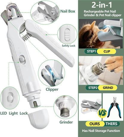 2-in-1 Dog Nail Clipper & Nail Grinder with 2 LED Lights Splash Guard for Large Medium Small Cats Dogs Pets Paw Trimmer Claw Grinders USB Rechargeable White