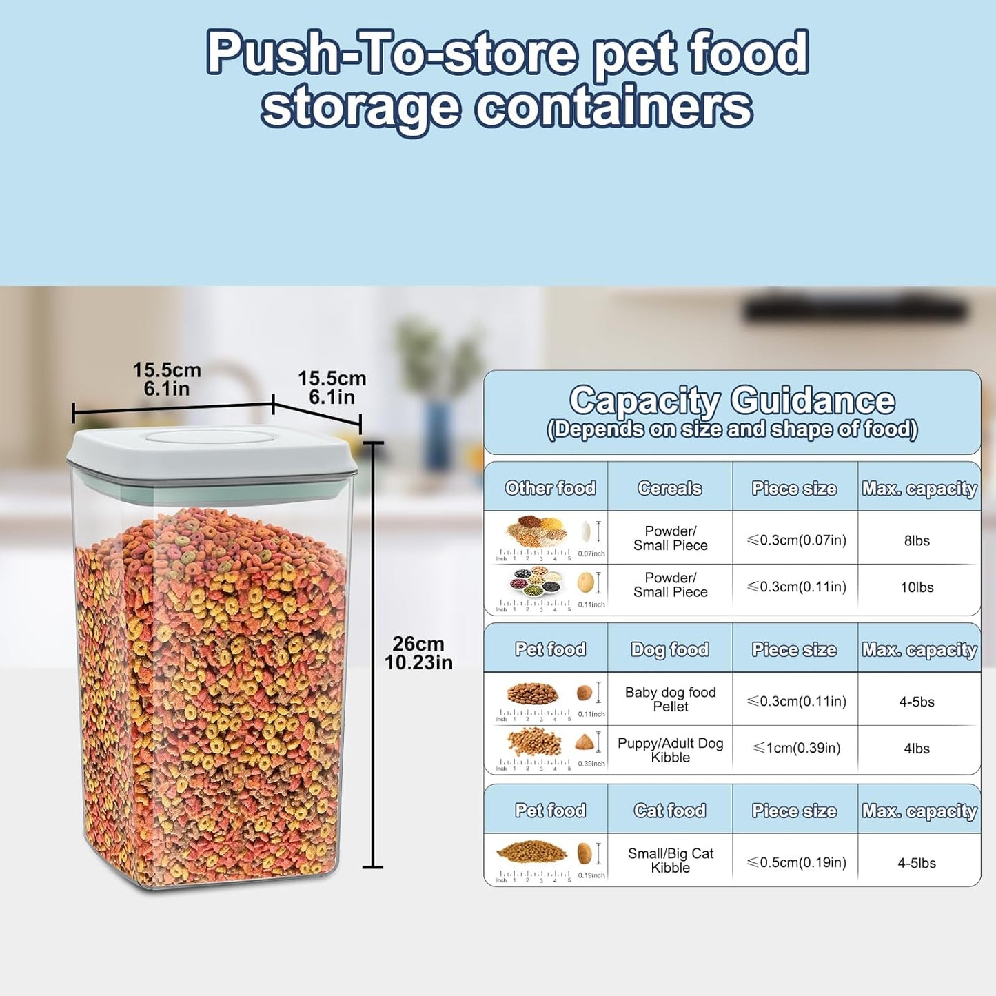 6 lbs Airtight Dog Cat Food Storage Container and Dog Treat Containers BPA-Free, PET Clear Stackable Pet Storage Bin, 1-Cup Scoop, 1-Sponge cleaning brush, Pop Top, With handle, Easy Mobility-Medium