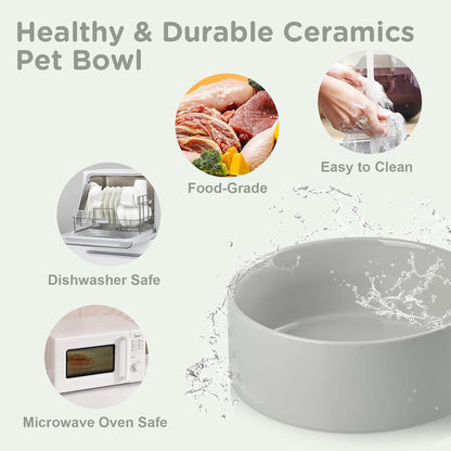 SPUNKYJUNKY Elevated Dog Bowls Ceramic, 6.1'' Dogs and Cat Food Water Bowls Raised with Non-Slip Bamboo Stand for Medium Sized Breed Microwave Dishwasher Safe - 28.7 OZ,Beige
