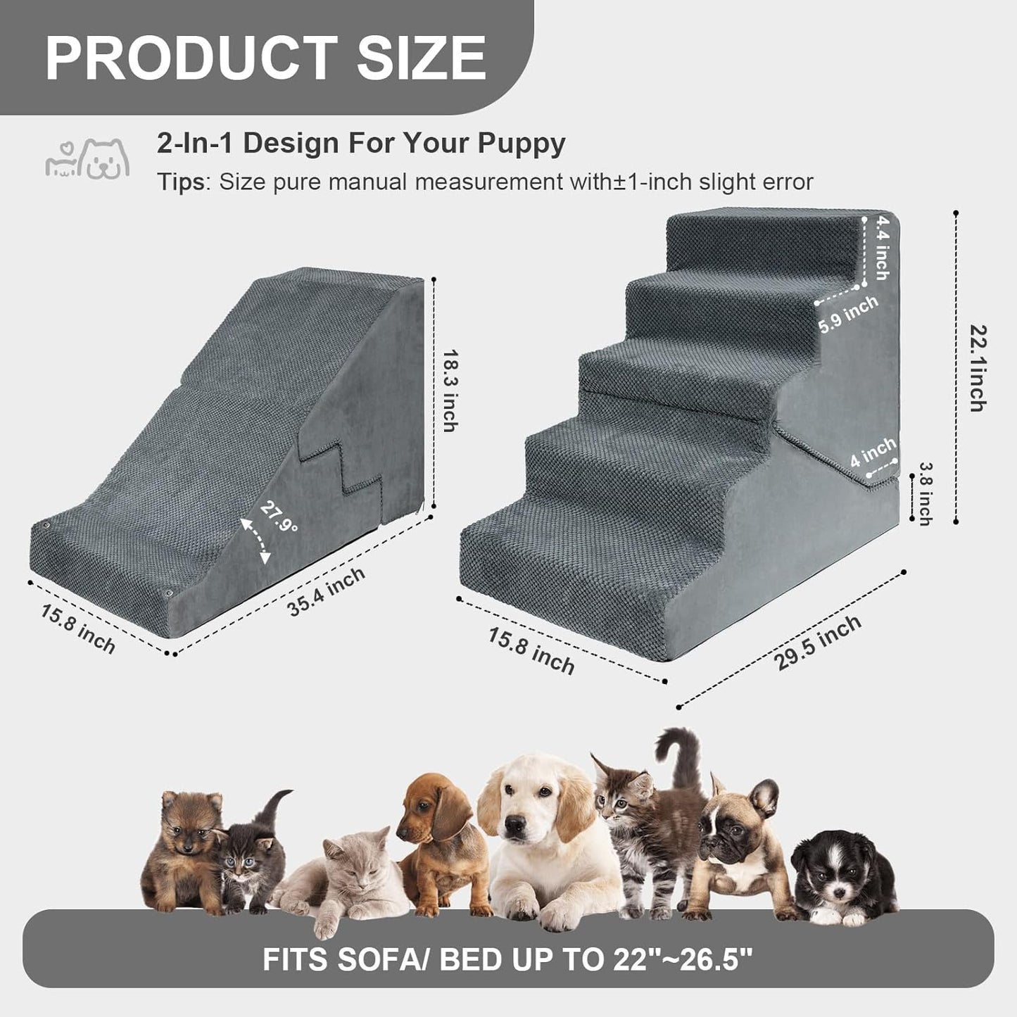 Dog Stairs for Small Dogs, 6-Step Dog Steps for High Bed, High-Density Foam Pet Stairs with Non-Slip Removable Washable Cover to Get on Bed