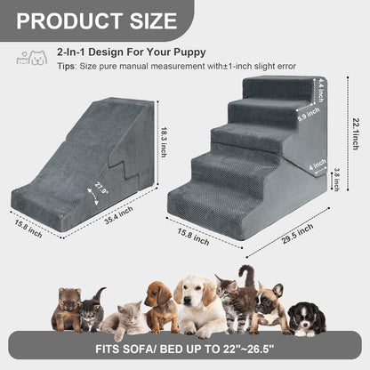 Dog Stairs for Small Dogs, 6-Step Dog Steps for High Bed, High-Density Foam Pet Stairs with Non-Slip Removable Washable Cover to Get on Bed