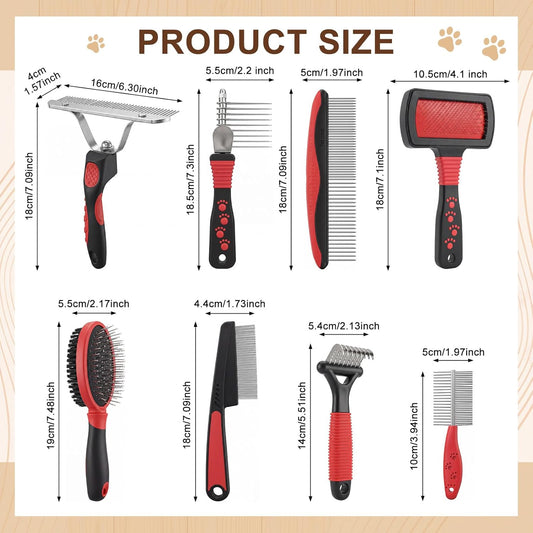 Zhehao 8 Pcs Pet Grooming Kit - Dematting Combs, Slicker Brush, Steel Comb Deshedding Brush, Flea Comb, Undercoat Rake for Detangling Long Matted Fur Hair from Dogs, Cats, Poodles, Anti-slip Handle