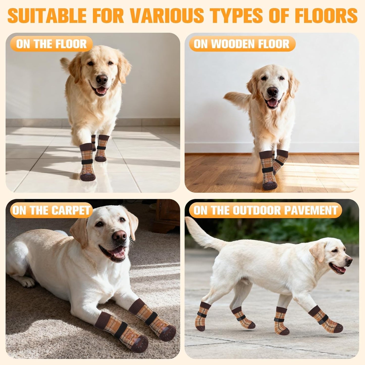 EXPAWLORER Dog Socks for Hardwood Floors, Dog Booties for Winter, Dog Boots & Paw Protectors Pavement to Prevent Licking, Anti Slip Dogs Shoes for Small Medium Large Senior Dogs,Khaki L