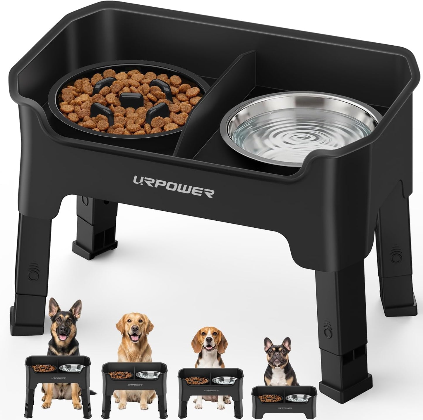 URPOWER 3-in-1 Elevated Dog Bowls - Mess Proof Double Deck 4 Height Adjustable Raised Stand with 2 Stainless Steel Food Bowls & Licking Plate for Small, Medium & Large Dogs
