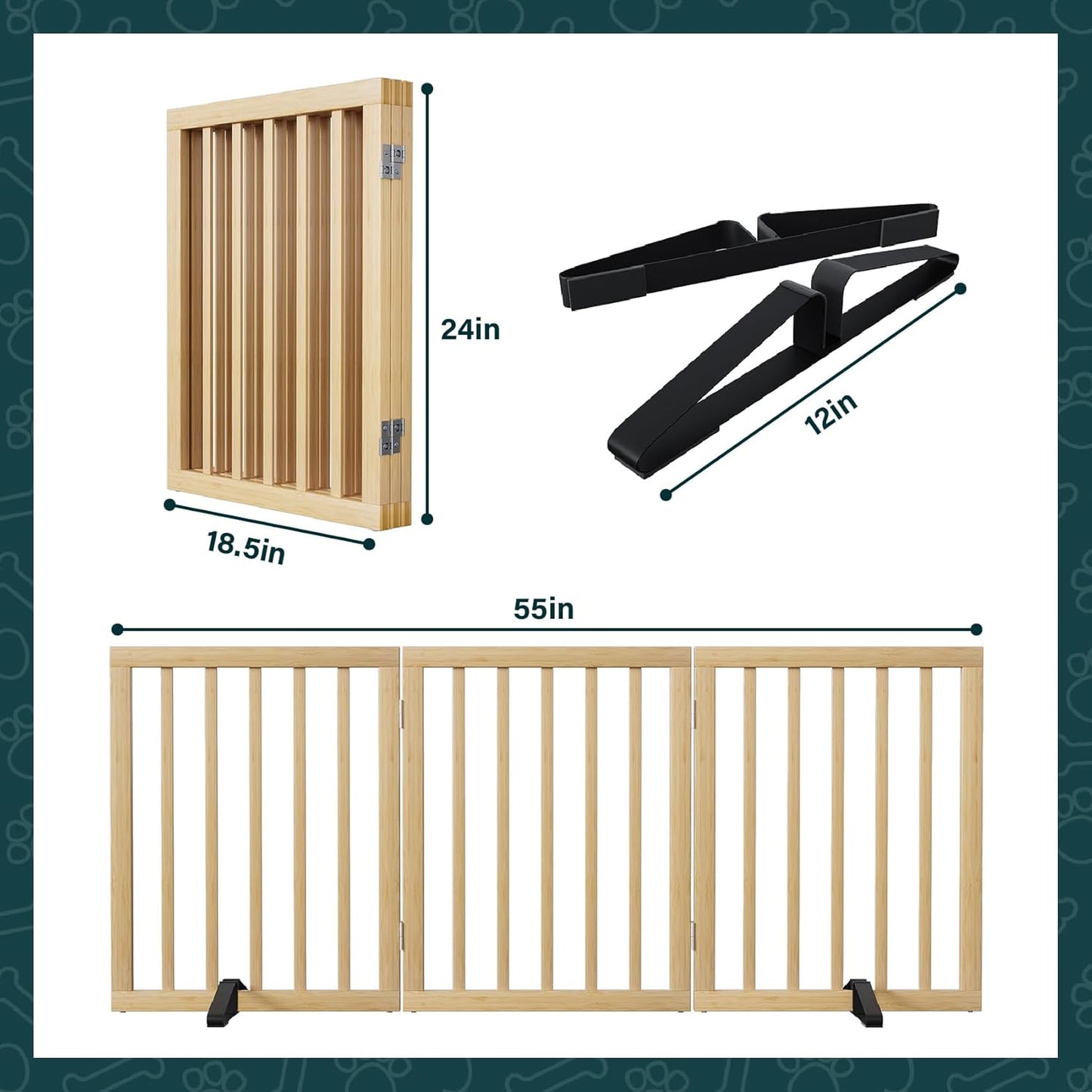 Freestanding Dog Gates Indoor, 3-Panel Pet Gates with 2 Metal Stands and 360° Hinge, 24" H Foldable Dog Gate for Stairs, Doorway, Kitchen, Expands Up to 55" Fully Assembled - Black Walnut