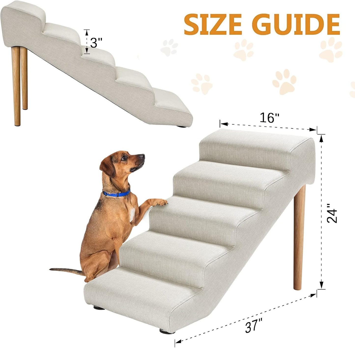 Senneny Imitation Linen Faux Leather Dog Stairs, for Pets up to 150 lbs, Waterproof, Scratch Resistant Pet Steps/Stairs with High Density Foam and Detachable Wooden Legs, Light Beige Linen, 4 Step