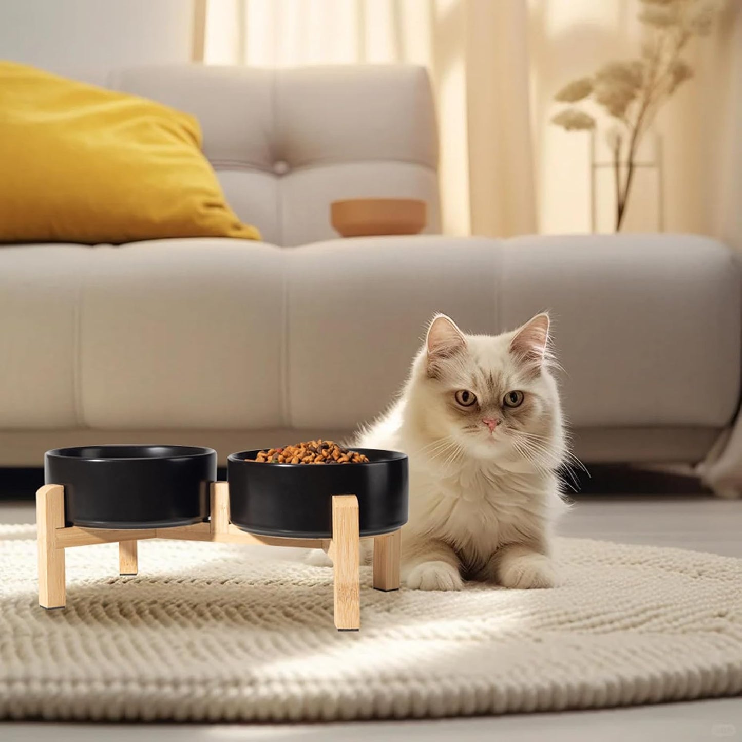 Elevated Ceramic Dog Bowl Set - Raised Dog Bowls with Non-Slip Bamboo Stand - Dog Food and Water Bowl Set - Double Dog Feeding Bowls - Suitable for Small and Medium Dogs - 28.74 OZ - 3.6 CUPS - 850 ML