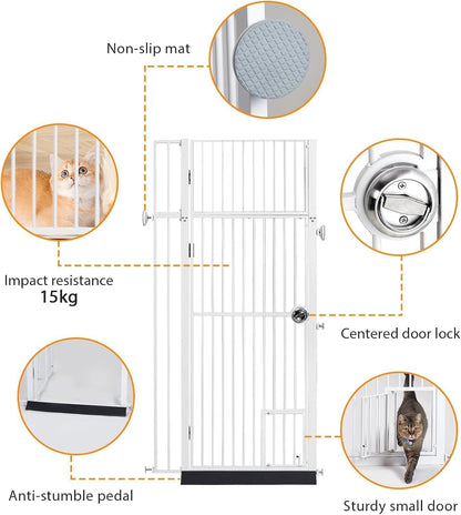 71" Extra Tall Pet Gate with Cat Door, Walk Through Pet Gate Pressure Mounted No Drilling, 28.7"-37.5" Wide, Auto Close Metal Safety Barrier for Stairs Hallway House, White
