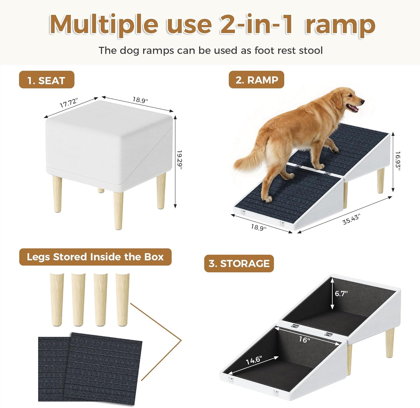 3-in-1 Dog Ramp Pet Stairs 18.9"x17.72"x19.29" with Hidden Storage Ottoman, Anti-Slip Steps for Small, Medium, Large, Senior & Injured Pets, 220LBS for Bed & Sofa, Green