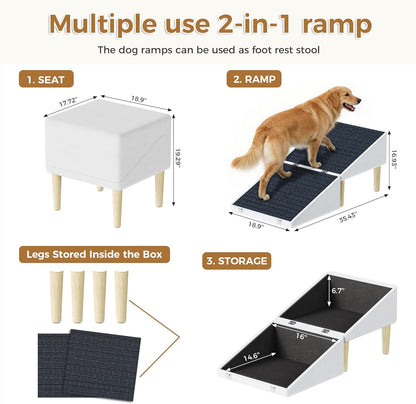 3-in-1 Dog Ramp Pet Stairs 18.9"x17.72"x19.29" with Hidden Storage Ottoman, Anti-Slip Steps for Small, Medium, Large, Senior & Injured Pets, 220LBS for Bed & Sofa, Green