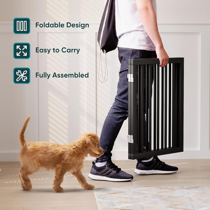 Freestanding Dog Gates Indoor, 3-Panel Pet Gates with 2 Metal Stands and 360° Hinge, 24" H Foldable Dog Gate for Stairs, Doorway, Kitchen, Expands Up to 55" Fully Assembled - Black Walnut