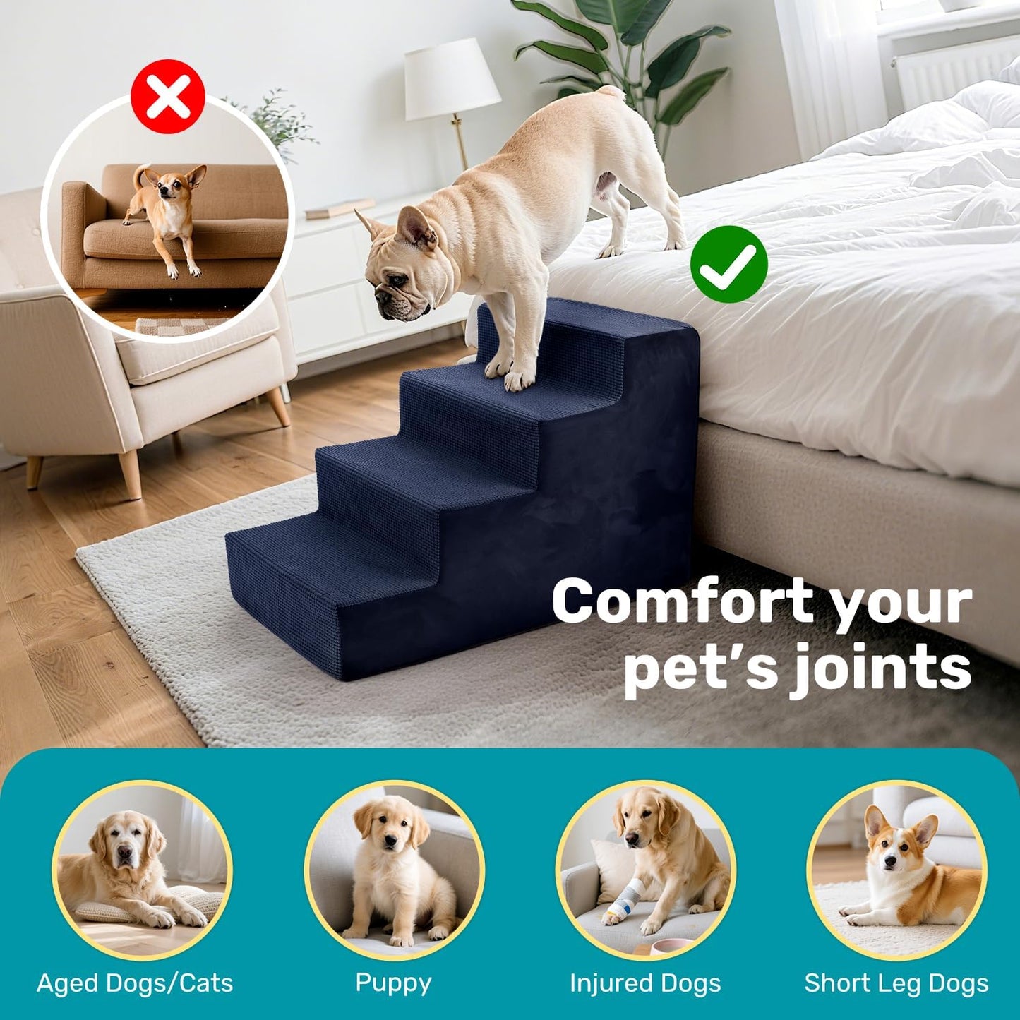 Dog Stairs for Bed, Extra Wide 5-Step Dog Steps for High Bed, High-Density Foam Pet Stairs with Non-Slip Removable Washable Cover for Small Pets, 23" H, Navy