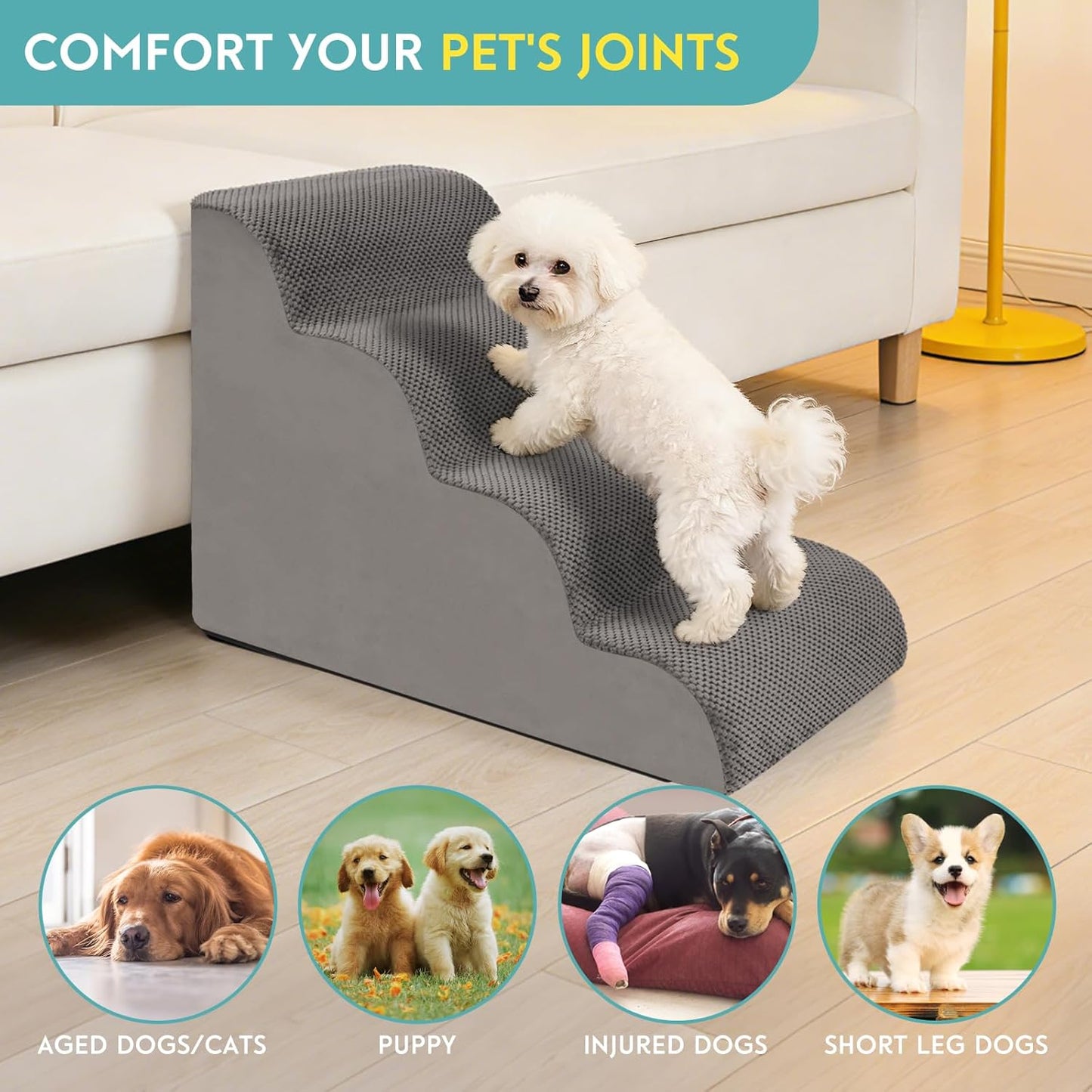 Dog Stairs for Small Dogs,15.7" H Pet Stairs 3-Steps Ramp for Puppy, Older Cat, Stairs with Whole 30D High Density Foam, Corduroy Fabric, Non-Slip Bottom Dog Steps for Bed and Couch (Grey, 3-Step)