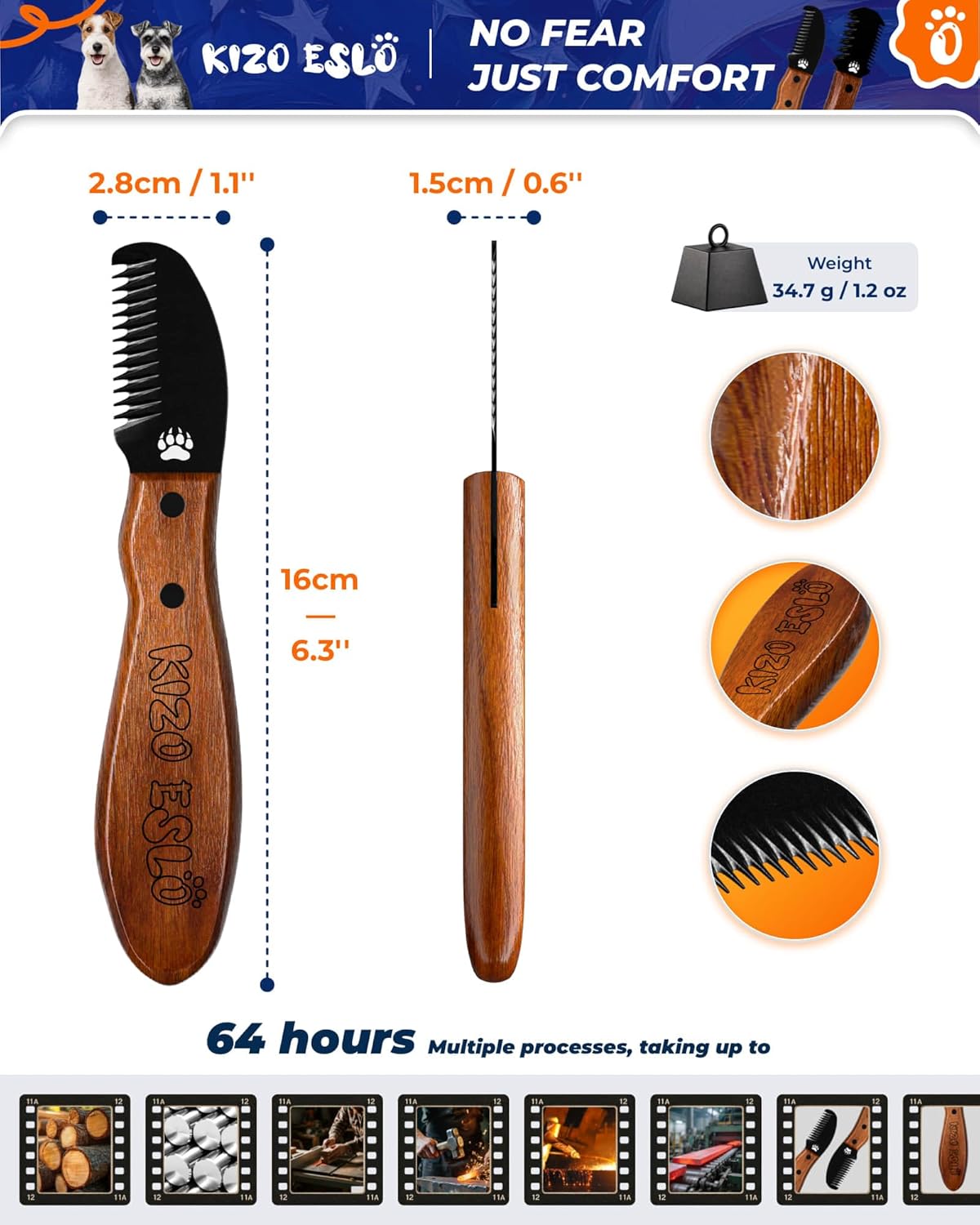 KIZO ESLO Dog Dematting Brush & Undercoat Rake for Doodles, Poodles & Long-Haired Pets, Detangling Comb for Thick Curly Coats, Removes Mats, Knots & Tangles, Stainless Steel Teeth with Wooden Handle